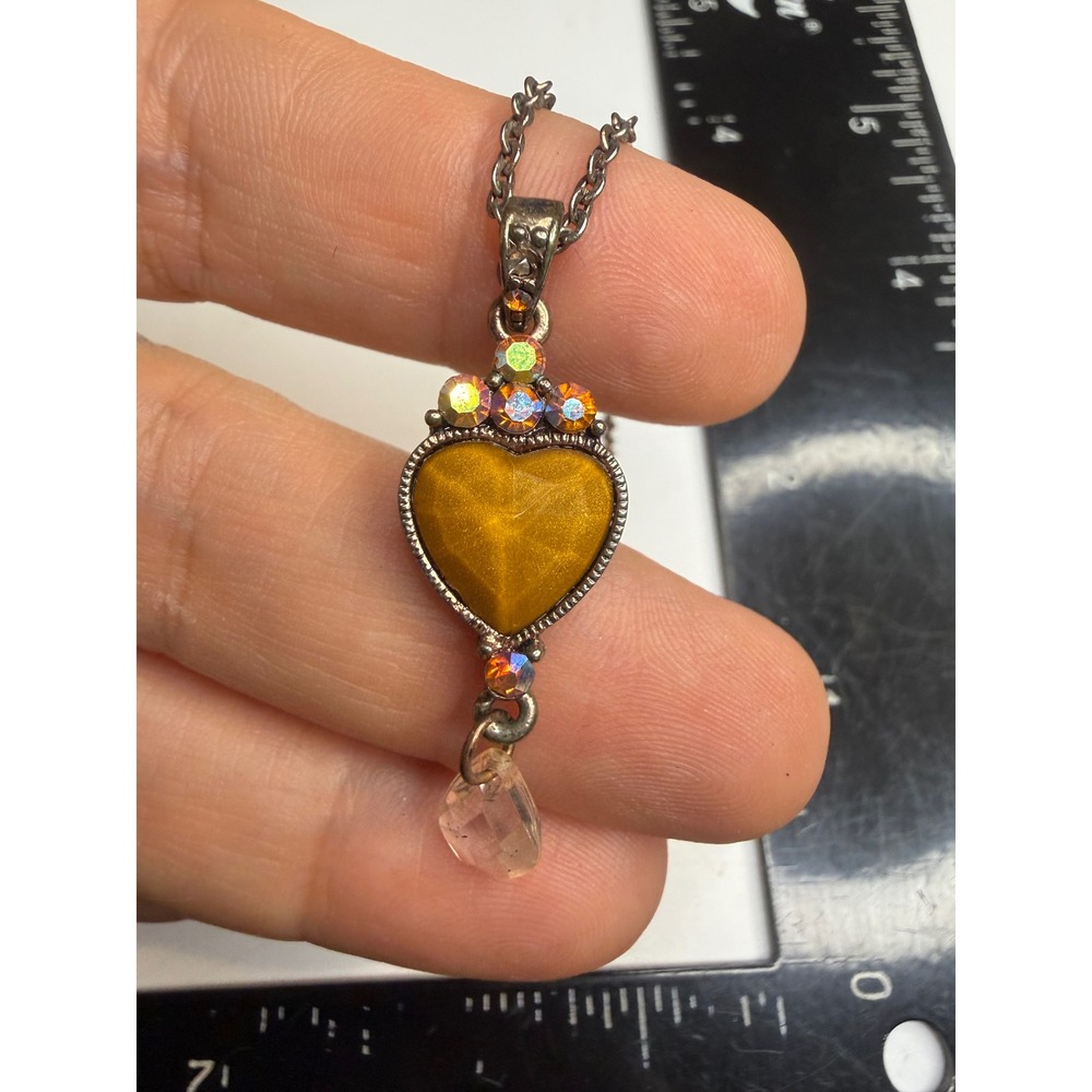 1928 Jewelry Co Amber Heart Pendant Necklace AB Rhinestone Silver Tone Victorian
